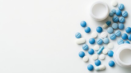 Close-up shot displays spilled light blue pills around a white bottle on a white surface under bright lighting for a clean medical display.