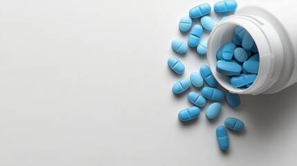 Light blue tablets spill over with an overhead view near a white container on a white background, symbolizing organized medical care featuring healthcare elements creating an impressive visual impact.