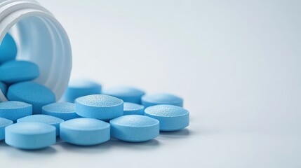 Light blue tablets spill over with an overhead view near a white container on a white background, symbolizing organized medical care featuring pills elements creating an impressive visual impact.