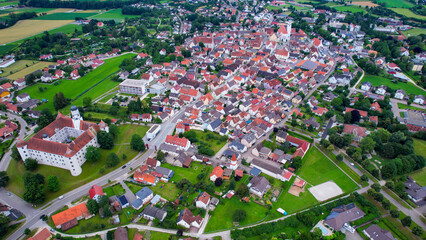 A panorama aerial view around the old town of the city Höchstädt an der Donau 89420 in Germany on a sunny spring morning