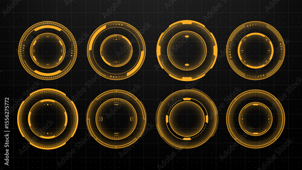 Poster set of yellow hud circles with different shapes for ui and ux design. futuristic callout vector illu
