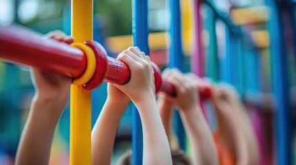 Close-up of children's hands gripping the monkey bars while playing on the school playground.