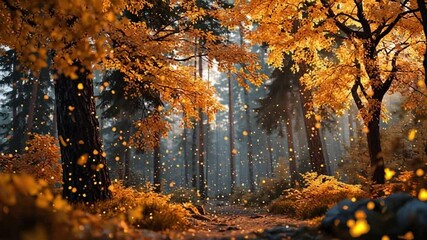 Golden Forest: A captivating scene of a sun-drenched forest in the fall, with trees adorned in vibrant golden leaves creating a breathtaking display of natural beauty. - Powered by Adobe