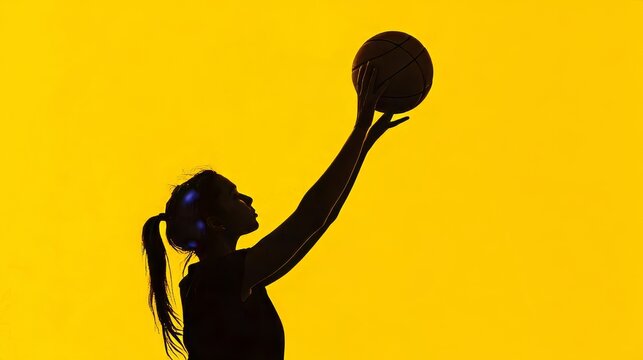 The intense basketball player executes a mid-air slam dunk with dynamic pose and vibrant yellow background, highlighting athleticism and energy.