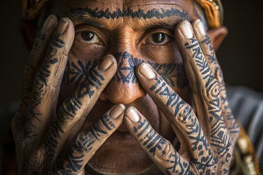 Hand painting geometrical tribal art of the Asurini indigenous tribe. Xingu Rive, Baixo Amazonas, Amazon, Brazil. 2007.