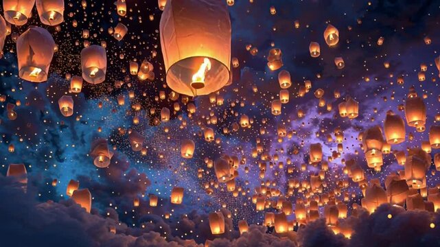 Sky Lanterns's Night: A breathtaking aerial display of illuminated sky lanterns ascend into the twilight, creating a magical atmosphere as they float into the inky sky. A beautiful sight!
