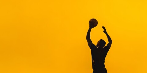 A basketball player's dynamic silhouette is captured mid-dunk, showcasing powerful movement against a vibrant yellow background in an indoor sports setting.