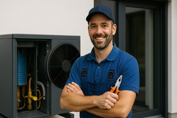 Skilled technician performing maintenance on an outdoor cooling system in residential area on a sunny day
