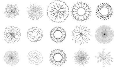 Set of icons of stylized trees in plan, black and white outlines  