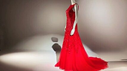Red sequined gown on a mannequin - Powered by Adobe