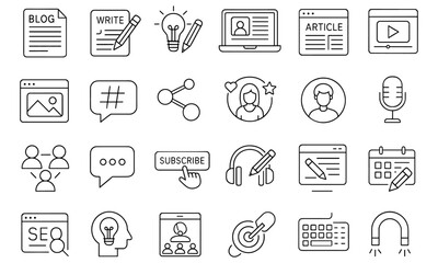 Blogging editable icon set, video, influencer, content, camera, social media, website, communication, marketing, fashion, thin line style, vector illustration, modern web icons, tech.