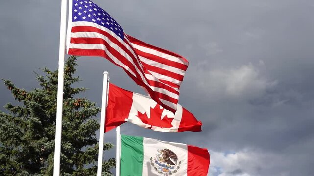 The flags of the USA, Canada, and Mexico proudly fly together, symbolizing North American unity, diplomacy, and shared continental relations.