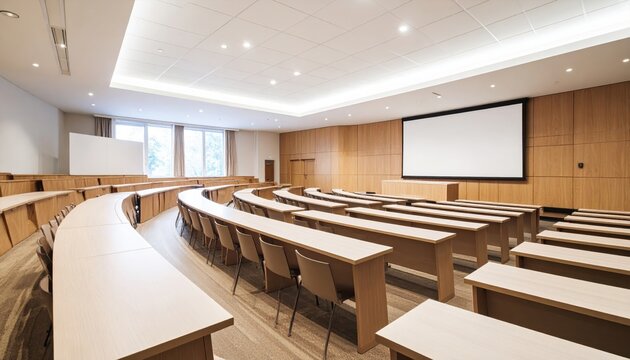 Modern lecture hall with wooden seating and large screen, ideal for educational events
