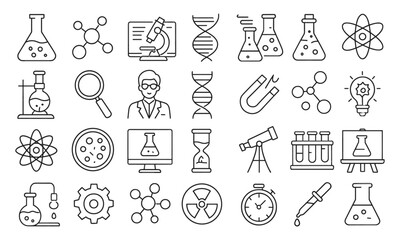 Science editable icon set, vector illustration of laboratory, research, microscope, scientist, molecular structure, biology, DNA analysis, chemistry, innovation, medicine, experiment, equipment.
