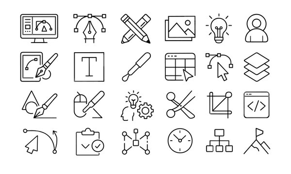 Graphic Design Line Editable Icons Set, vector illustration of creativity tools, typography, web design, sketching, editing, painting, color palette, studio, software, infographic symbols.