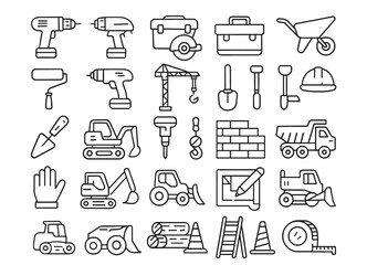 Construction Equipment and Tools Line Icon Set, Editable Vector Illustration of Hand Tool, Machine, Engineering System, Shovel, Welding, Fastener, Drill, Wheelbarrow, Building Materials.
