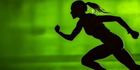 Dynamic athletic woman sprints with intense focus in an action shot, showcasing her sportswoman skills against a vivid green screen backdrop.