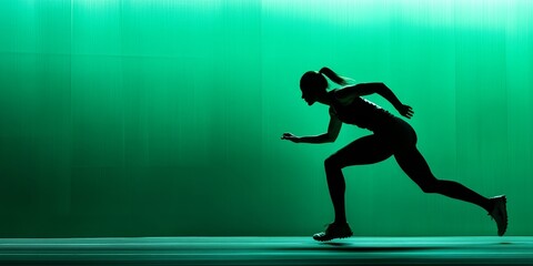 Athletic woman in a dynamic running pose on a vibrant green screen with studio lighting, showcasing intense focus and speed.
