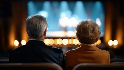 Elderly couple together in theater enjoying live stage performance, warm lighting and cozy atmosphere, senior audience experiencing cultural entertainment and nostalgic peaceful moments - Powered by Adobe
