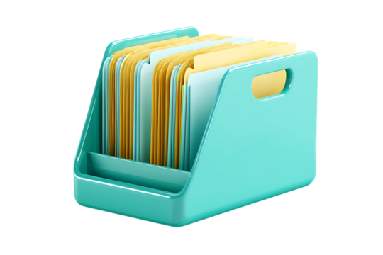 Organized files in a teal plastic desktop file organizer.