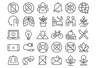 Fototapeta premium Digital Detox Line Editable Icons Set, no phone, no computer, no social media, unplug, notification off, walk in nature, sleep well, mental health awareness, vector illustration.