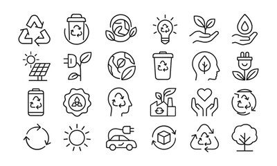 Recycling Line Editable Icons Set, vector illustration of eco symbols including reuse, green energy, earth care, waste reduction, environmental protection, sustainability, infographic icons.