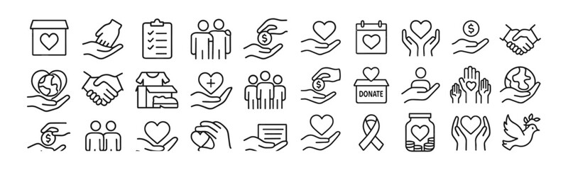 Charity and Volunteering Icons Set, vector illustration of donation, helping hands, humanism, support, adoption, empathy, community care, humanitarian aid, social contribution