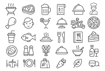 Restaurant Editable Line Icons Set, Vector Illustration, Catering Symbols, Food Menu Categories, Table Reservation, Drinks, Meals, Dine-in, Cafe Elements, Modern Thin Line Graphic Design.