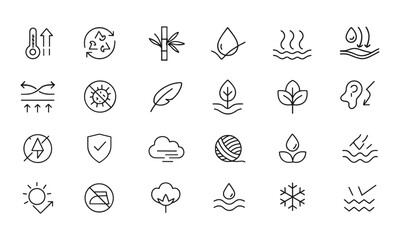 Fabric Features line editable icon set, textile thermo membrane, recycled bamboo, antibacterial, waterproof, breathable, silk, wool, synthetic, biodegradable, insulated, soft, resistant,