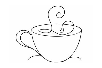 Black Line Drawing of Coffee Cup with Steam on White Background