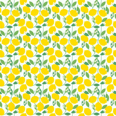 Summer seamless pattern with whole lemons, branches and flowers.