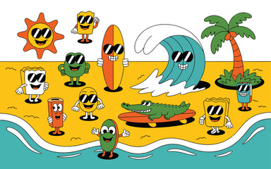 Retro Cartoon Summer Surf Vector Collection with Alligator Characters, Palm Trees, Surfboards, Waves, and Sun Elements – Vintage Beach Adventure Theme

