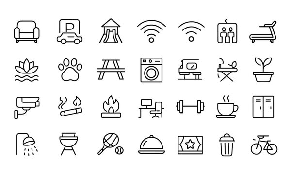 Amenities Line Editable Icons set, community space, lounge zone, parking, playground, spa, concierge, food market, pool, elevator, disabled access, green bike, tennis court, business center, security