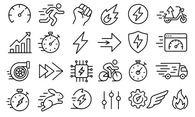 Speed Editable Icons Set. Vector illustration in thin line style of productivity icons: fast, boost, rocket, stopwatch, turbine, energy, racing, arrow, png, modern business infographic.