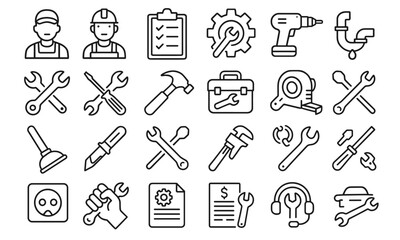 Repair Service Editable Icons Set. Vector illustration in modern thin line style of tools, gear, wrench, hammer, mechanic, document, setup, restoration, spanner, improvement, maintenance