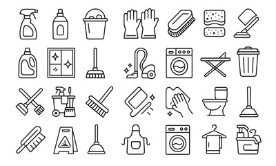 House Cleaning Line Editable Icons Set, vector illustration of detergents, mop, broom, vacuum cleaner, disinfectant, household, laundry, thin line, cleaner, hygienic, sanitary, outline