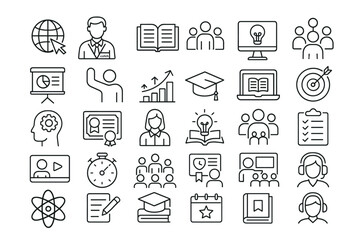 Training Editable Icons Set. Vector illustration in thin line style of education, learning, internet, coach, group, course, infographic, workshop, certificate, cognition, university, png.