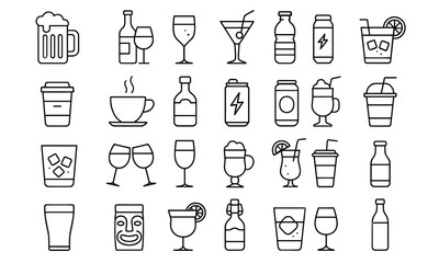 Drinks Line Editable Icons Set, vector illustration of cocktail, beverage, whiskey, wine, beer, mojito, sangria, negroni, symbolic menu pictograms, bar alcohol icon collection, mixology, infographic.