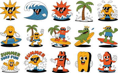 Retro Cartoon Summer Surf Vector Collection with Alligator Characters, Palm Trees, Surfboards, Waves, and Sun Elements – Vintage Beach Adventure Theme

