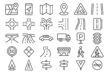 Fototapeta premium Road Line Editable Icons Set, vector illustration of GPS navigation, highway, traffic light, road sign, roundabout, city map, crosswalk, tunnel, expressway, street journey, route guide.