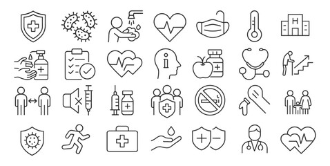 Public Health Line Editable Icons Set, vector illustration in modern thin line style, awareness, hygiene, vaccination, healthcare, prevention, hospital, community, global, icon, png.