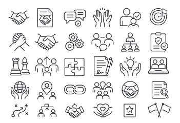 Partnership Line Editable Icons Set. Vector illustration of agreement, teamwork, handshake, collaboration, business partner, communication, contract, thin line, infographic, png, career.