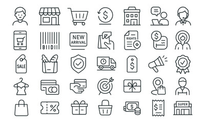 Shopping line editable icons set, vector illustration in thin modern style of commerce icons: store, consumer, shopping cart, barcode, purchase, delivery, payment, coupon, fashion, supermarket.