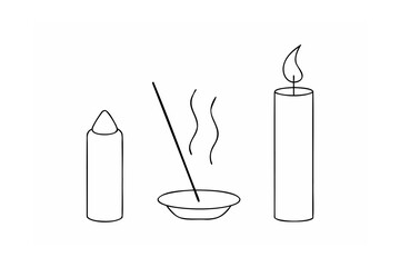 Black and white line drawing of candles incense and a bowl on white background