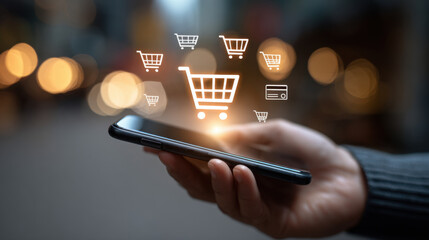 Person using a smartphone to make online purchases, with digital shopping carts and credit card icons floating above the device representing e-commerce concept.