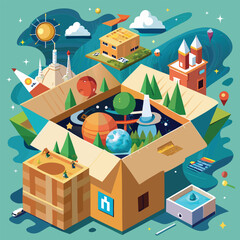 Scenes hidden inside unfolding cardboard boxes?miniature cities, oceans, and solar systems revealed layer by layer..eps