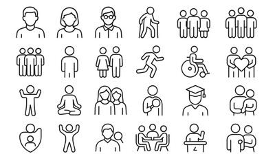 People Line Editable Icons Set, Vector Illustration in Thin Outline Style of Human Figures: Men, Women, Children, Seniors, Family, Team, Friends, Yoga, Walking, Meeting, Insurance