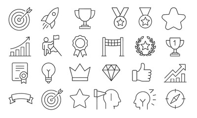 Goal Target Line Editable Icons Set, vector illustration of mission, winner, achievement, strategy, career growth, core value, success icon, leadership, outline, thin style, infographic.