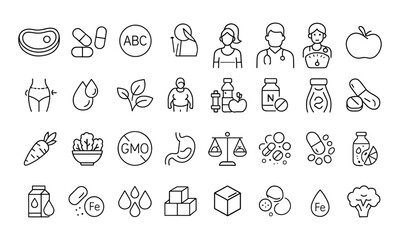 Nutrition and Diet Editable Icons set, vector illustration in modern thin line style of healthy food, protein, vitamins, metabolism, lifestyle, vegetarian, organic, supplement, detox, probiotic