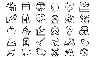 Fototapeta premium Farming line editable icons set, vector illustration in modern thin line style of agriculture, farm products, animals, equipment, harvest, organic, seeds, tractor, barn, honey, dairy